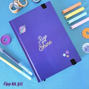نوت بوك A5 منقط هارد كوفر أزرق Rise & Shine مع ريشتة وستيكرز نجوم كوكب، 120 ورقة كريمي طبقة حماية من Egy Bujo للبوليت جورنال