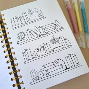 متتبع الكتب Book Tracker 4 تصاميم رفوف كتب خطوط فنية مع صبار كرة أرضية زهرة مصباح مقاس 14×20 سم من Egy Bujo للبوليت جورنال