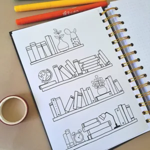 متتبع الكتب Book Tracker 4 تصاميم رفوف كتب خطوط فنية مع صبار كرة أرضية زهرة مصباح مقاس 14×20 سم من Egy Bujo للبوليت جورنال