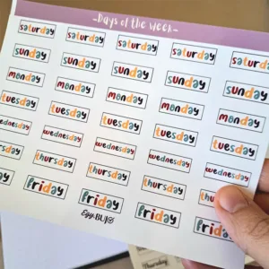 ستيكرز أيام الأسبوع إنجليزي ملون Sunday Monday Tuesday بألوان مبهجة مقاس 0.5×1 سم للبلانر البوليت جورنال من Egy Bujo